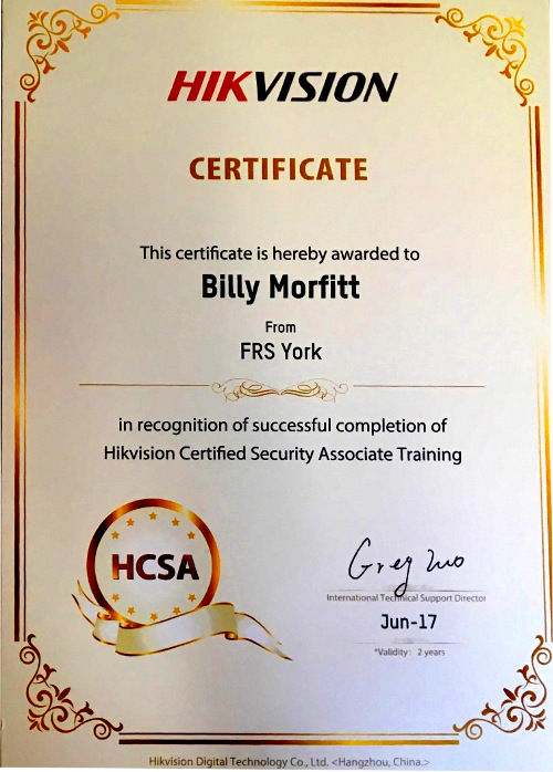 Billy's latest certificate